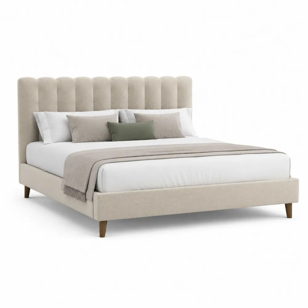 Polsterbett Doppelbett 180 x 200 cm Stoffbezug Beige mit gepolstertem Kopfteil und Holzfüßen