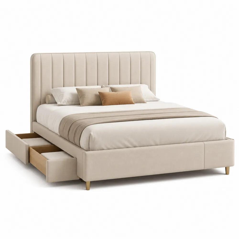 Polsterbett Doppelbett mit Schubladen Polyesterbezug Beige gepolstertes Kopfteil 180 x 200 cm