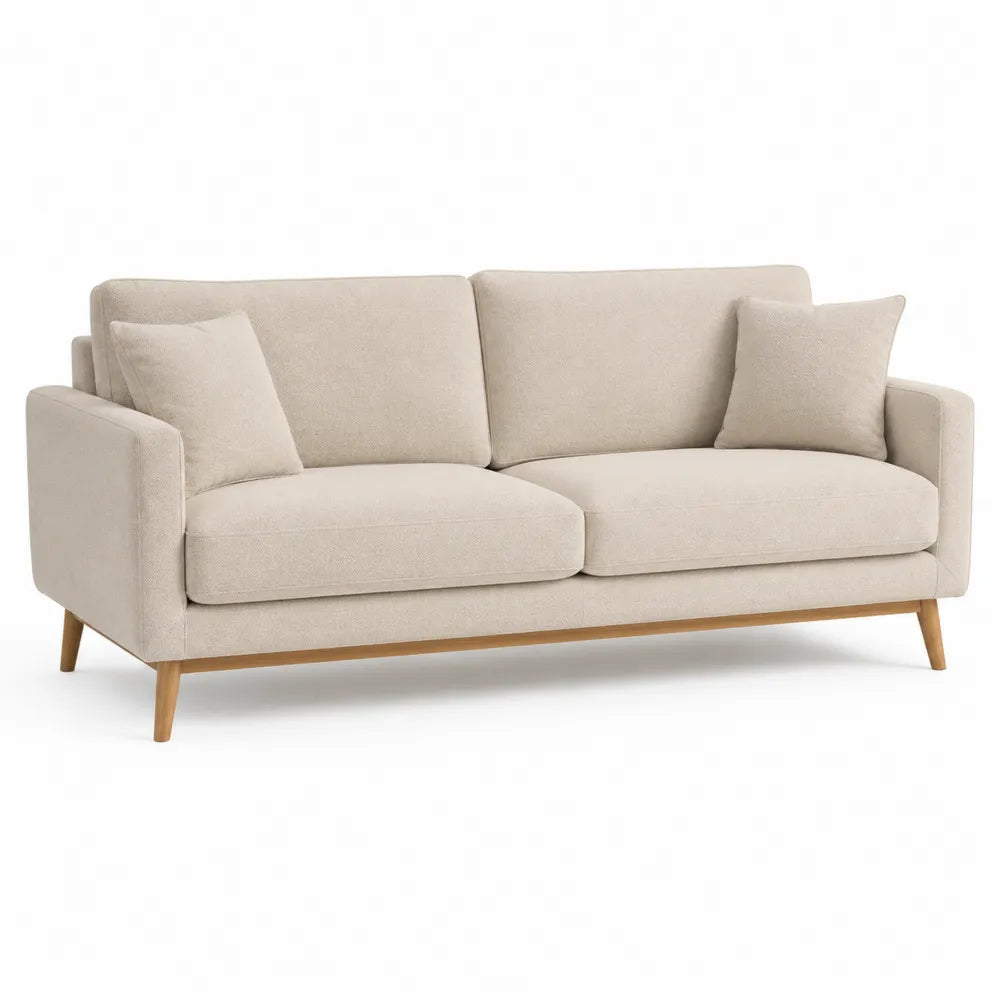 Sofa 3 Sitzer 230 x 90 cm Polyesterbezug Polstersofa mit Holzbeinen und Kissen Creme Beige Rechteckig