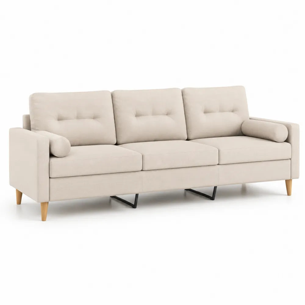 3 Sitzer Sofa 230x90x85 cm Polyestergewebe Holzbeine Polstersofa Beige
