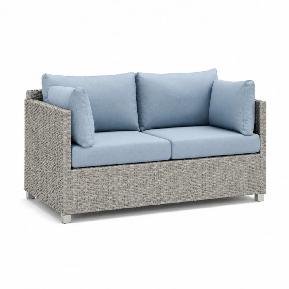 Garten Sofa 2 Sitzer Poly Rattan Aluminium mit Sitzkissen Grau Hellblau 180 x 80 x 75 cm