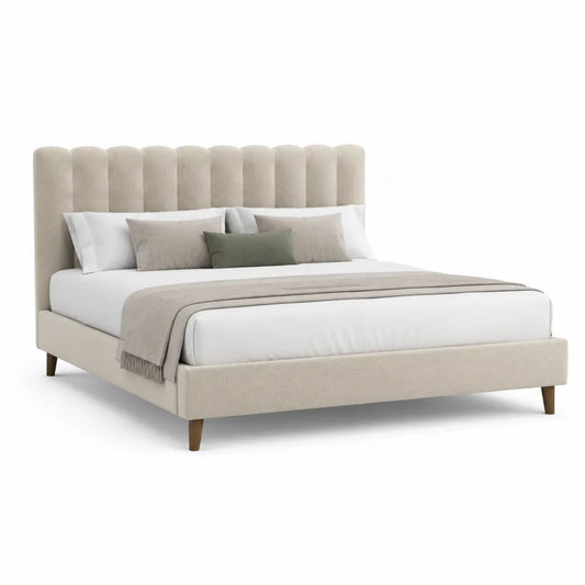 Polsterbett Doppelbett 180 x 200 cm Stoffbezug Beige mit gepolstertem Kopfteil und Holzfüßen