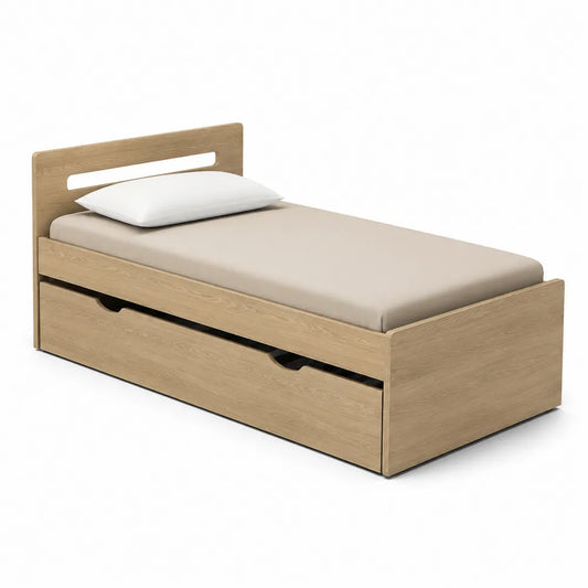 Stauraumbett Einzelbett 120 x 200 cm MDF Eichefarben mit Schublade und Kopfteil mit Aussparung