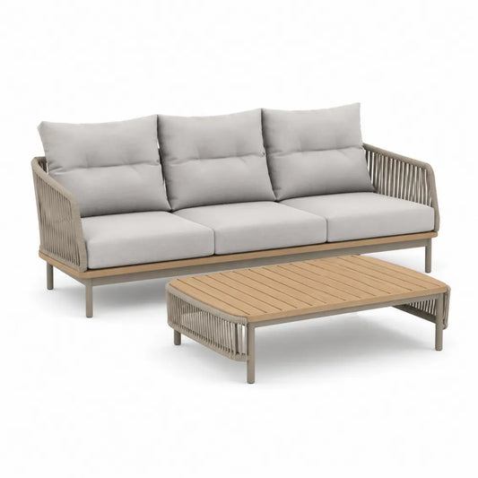 Garten Lounge Set 3 Sitzer Sofa mit Couchtisch PE Geflecht Aluminium Beige Hellgrau 220 x 85 x 75 cm