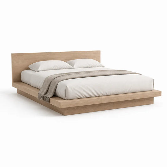 Bett Doppelbett 180 x 200 cm MDF Eichefarben mit niedrigem Kopfteil und Holzoptik