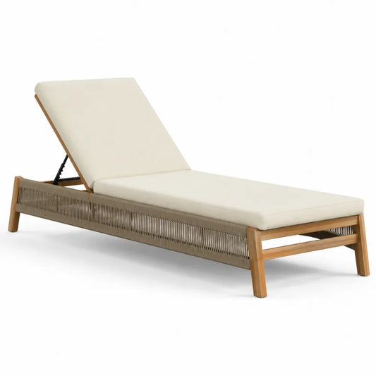 Gartenliege Sonnenliege 200 x 70 x 35 cm Akazienholz Rahmen Polyesterseil Geflecht Polyesterauflage Beige