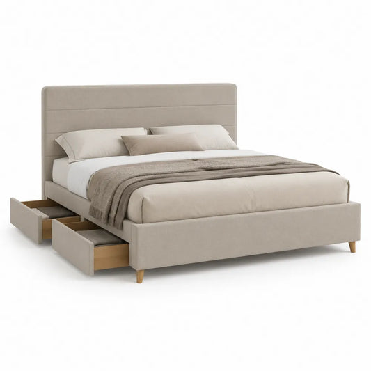 Polsterbett Doppelbett mit Schubladen Stauraum Polyesterbezug MDF Rahmen Beige 180 x 200 cm