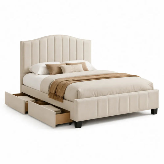 Polsterbett Doppelbett mit Schubladen 180 x 200 cm MDF Beige mit gepolstertem Kopfteil