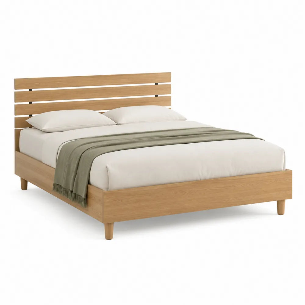 Bett Doppelbett 180 x 200 cm MDF Eichefarben mit Lamellenkopfteil und Holzfüßen