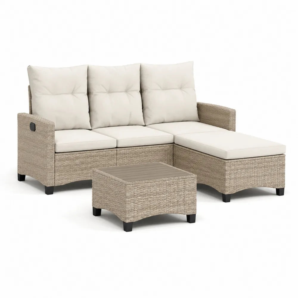 Gartensofa Set 3-teilig Polyrattan PE Geflecht Aluminiumrahmen Polyester Kissen Beige 240 x 180 x 75 cm