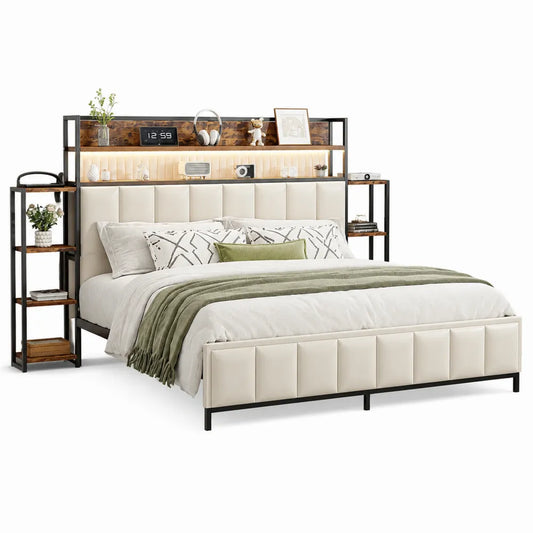 Polsterbett Doppelbett Polyesterbezug Weiß Schwarz Holzoptik Kopfteil Regal LED 180 x 200 cm