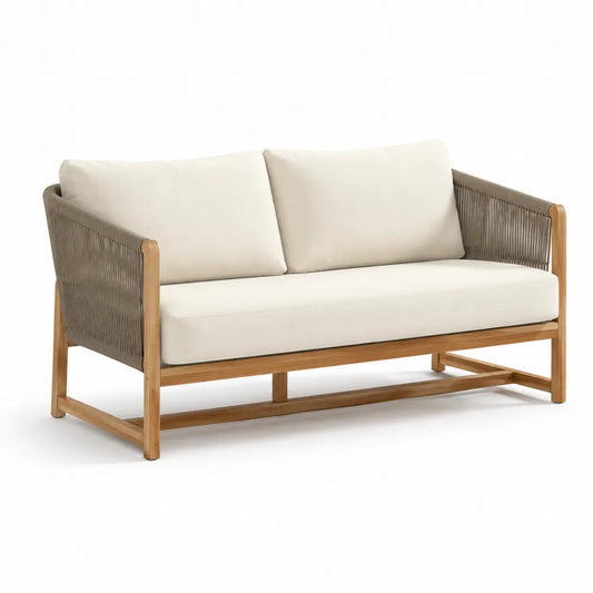 Gartensofa 3-Sitzer 200 x 85 x 80 cm Akazienholz Rahmen Polyesterseil Geflecht Polyesterkissen Beige Natur