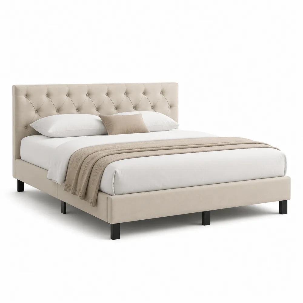 Polsterbett Doppelbett Polyesterbezug Beige gepolstertes Kopfteil 180 x 200 cm