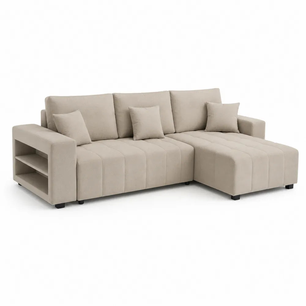Ecksofa L Form Sofa mit Ottomane 280x160x85 cm Polyesterbezug Creme Beige mit Ablagefach