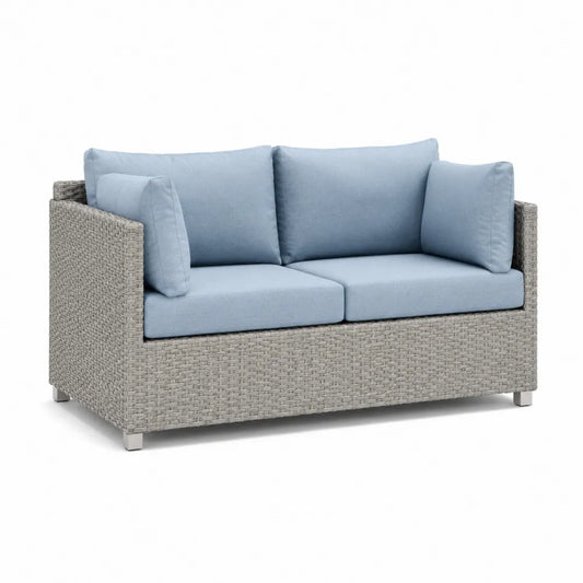 Garten Sofa 2 Sitzer Poly Rattan Aluminium mit Sitzkissen Grau Hellblau 180 x 80 x 75 cm